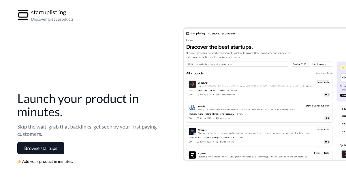 Startup Listing product screenshot