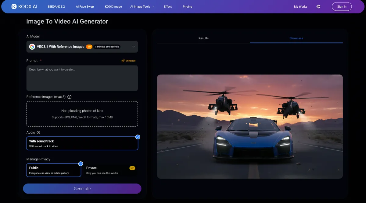 IMAGE TO VIDEO - KOOX AI product screenshot
