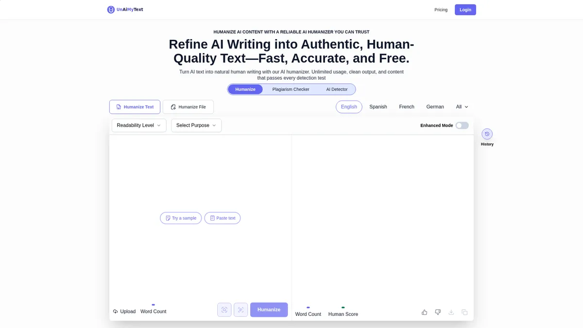 Un AI my text product screenshot