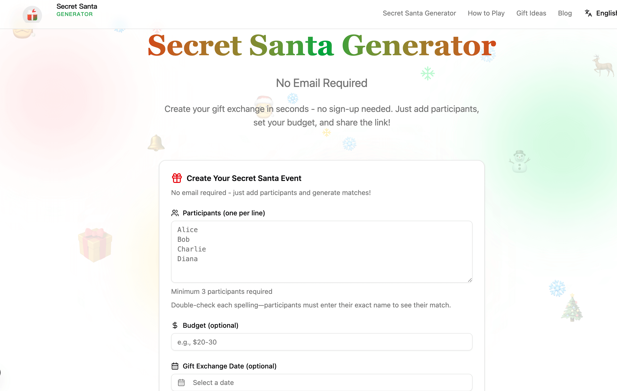 Secret Santa generator no email no signup product screenshot