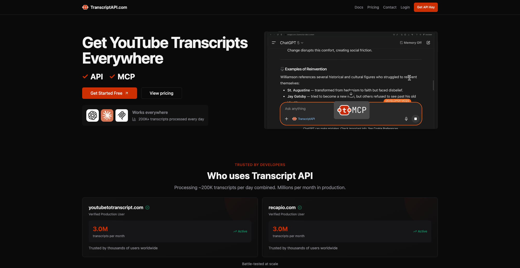 TranscriptAPI product screenshot