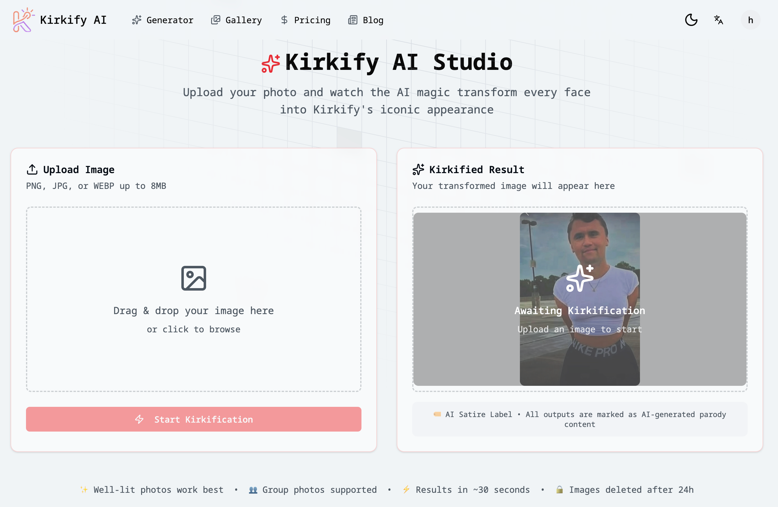 Kirkify AI product screenshot