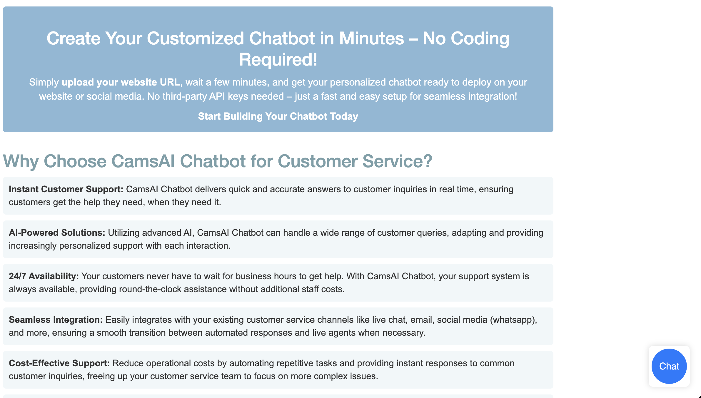 CamsAI Chatbot product screenshot
