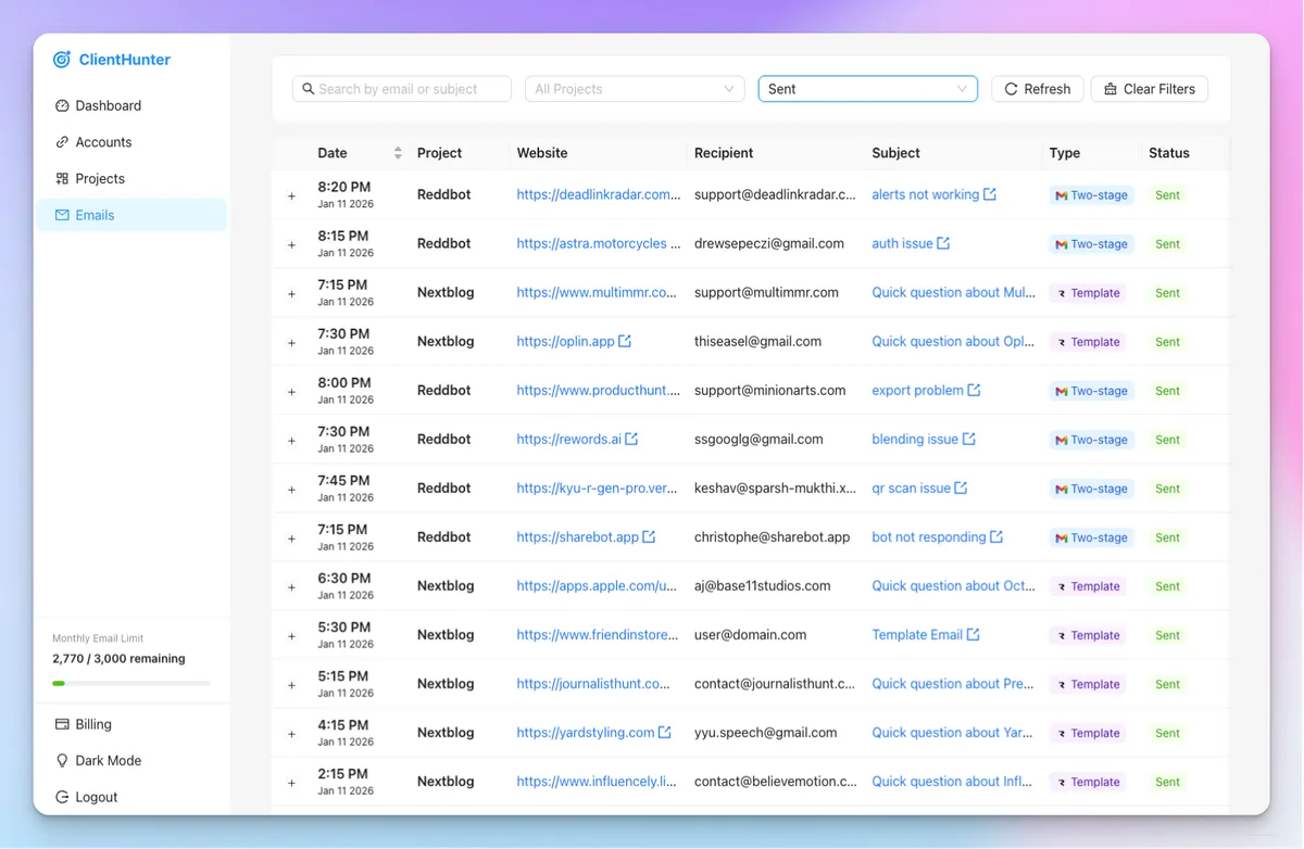 ClientHunter product screenshot