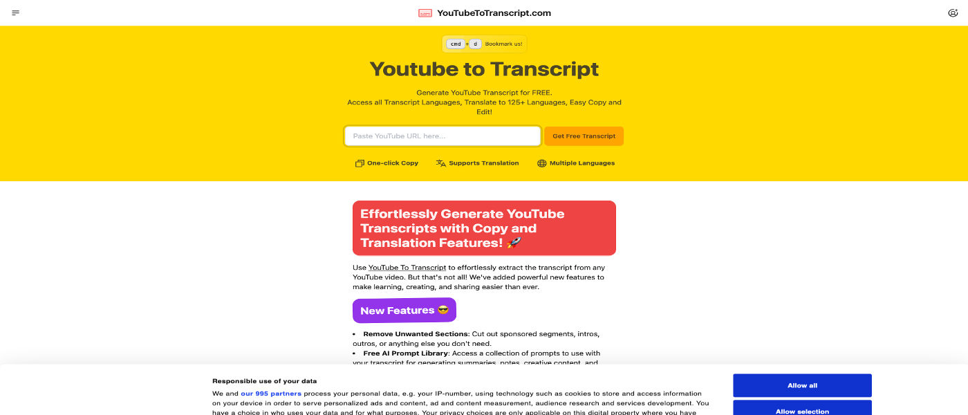 Youtube to Transcript product screenshot
