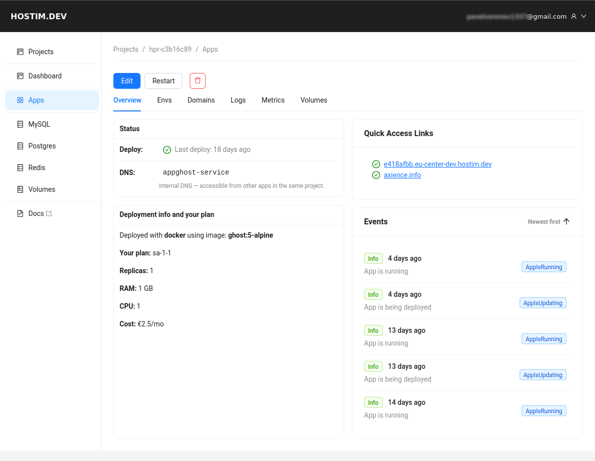 Hostim.dev product screenshot