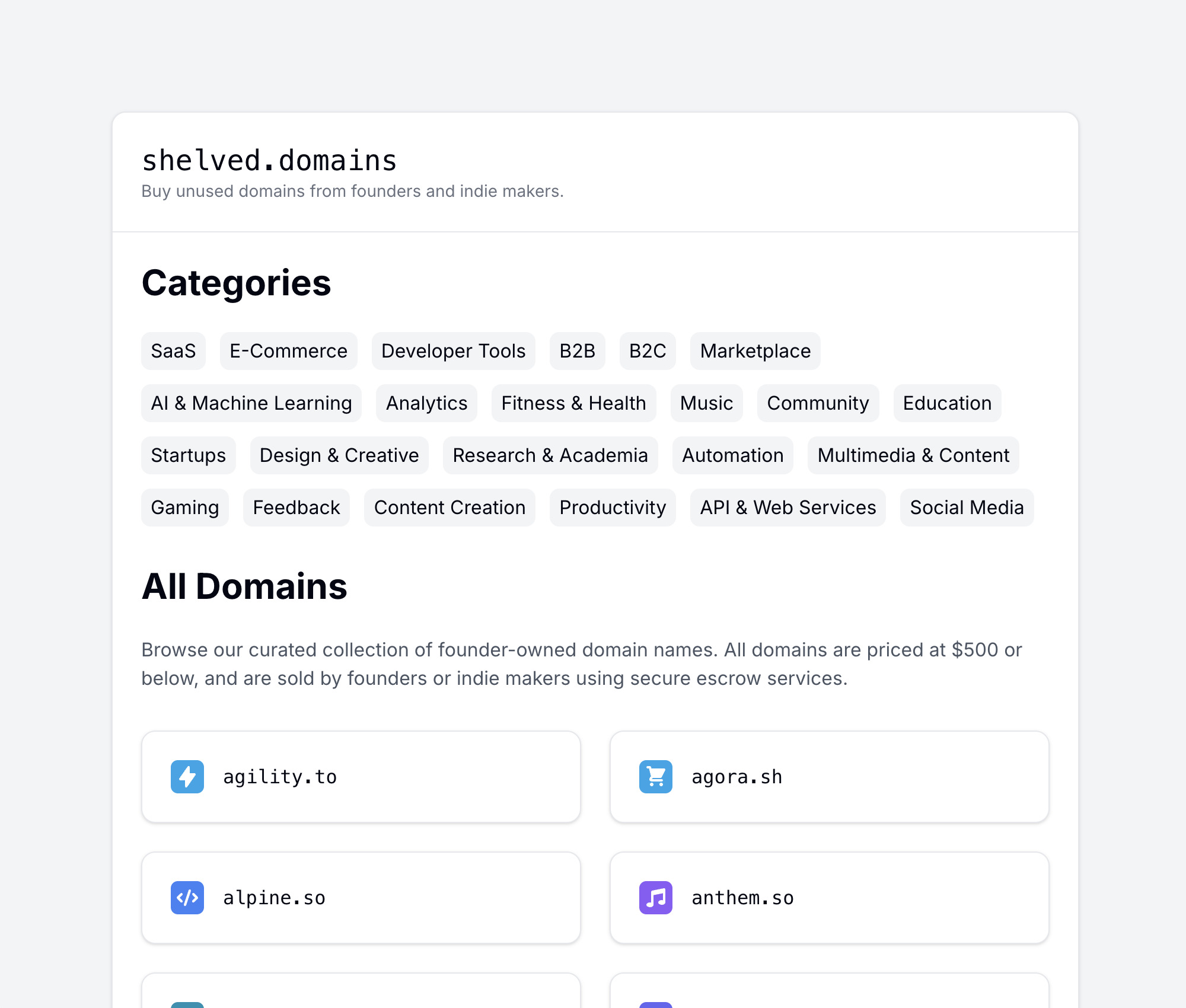 Shelved Domains product screenshot